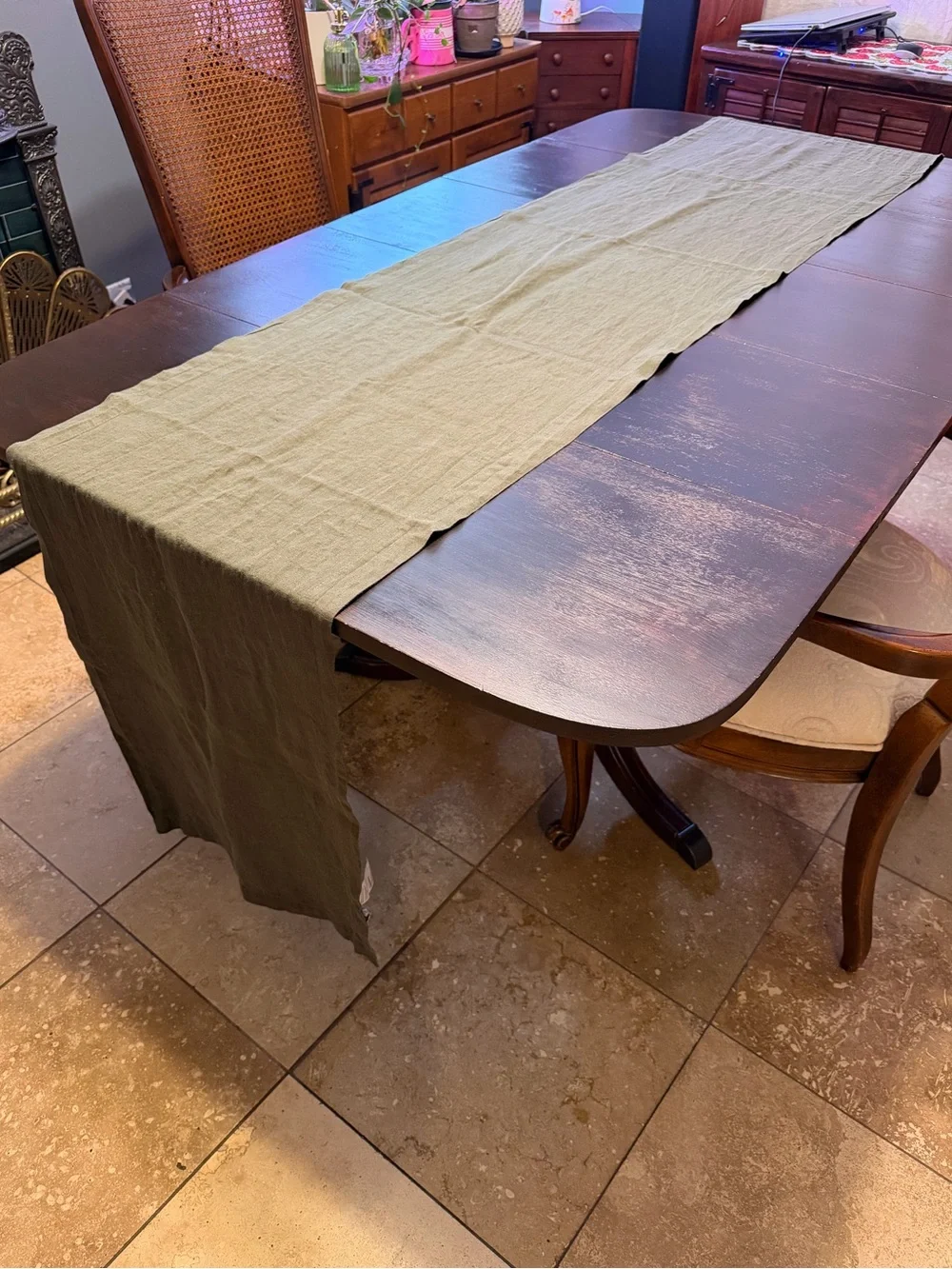Crate & Barrel Desert Green Table Runner European Linen quiet luxury 18x120